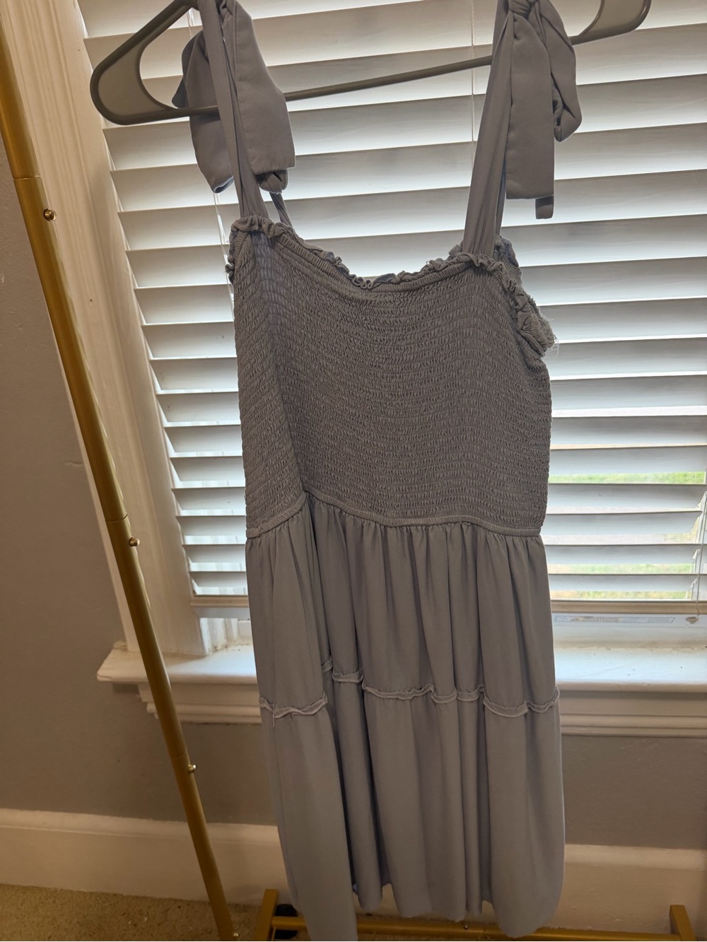Smocked Tie-Shoulder Midi Dress in Light Gray